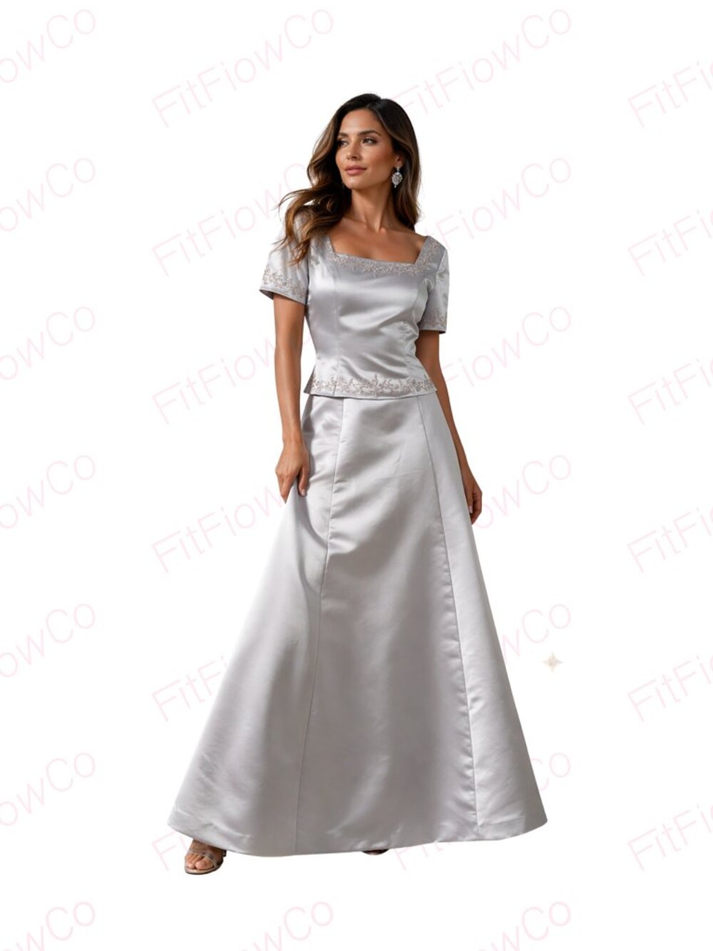 Donna Gray Silver Satin 2 Piece Formal Set Size 6 Embroidered Top